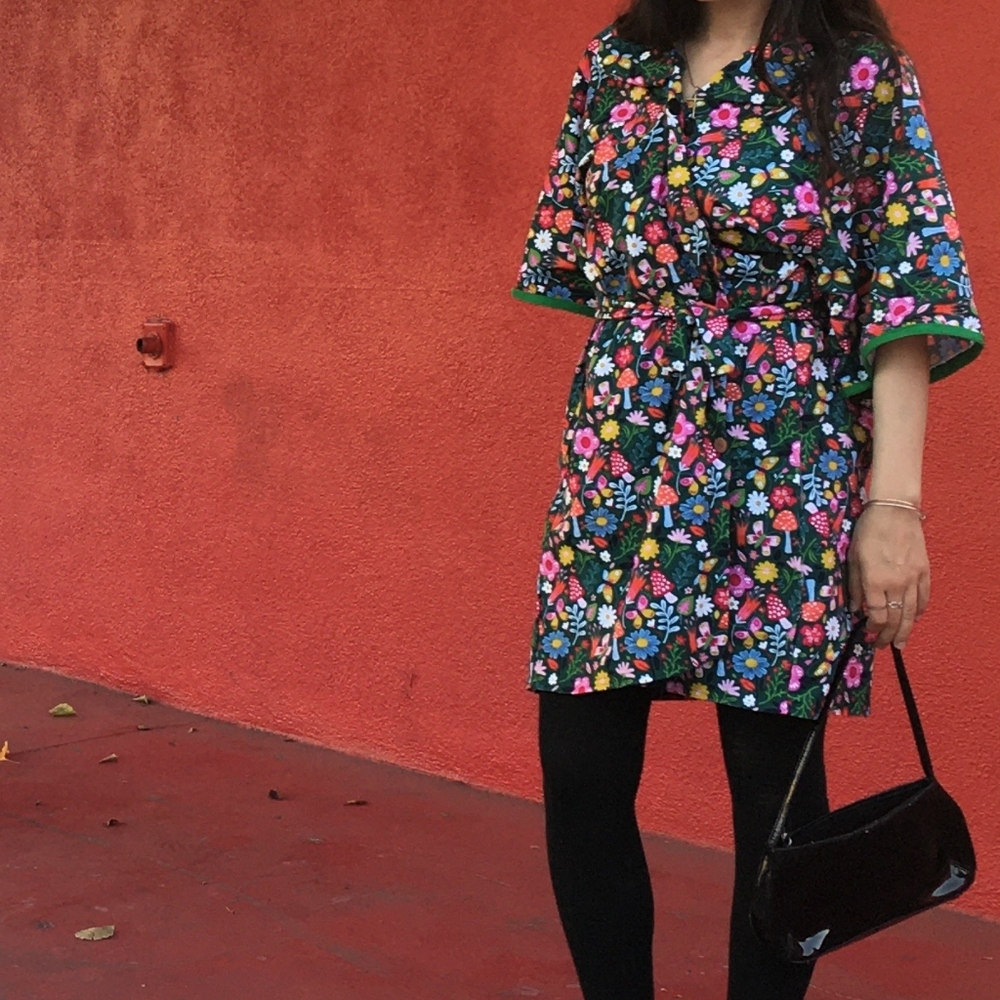 Mushroom Print Dress, Belted Wrap Dress, Bell Sleeve Dress, Fairycore Dress